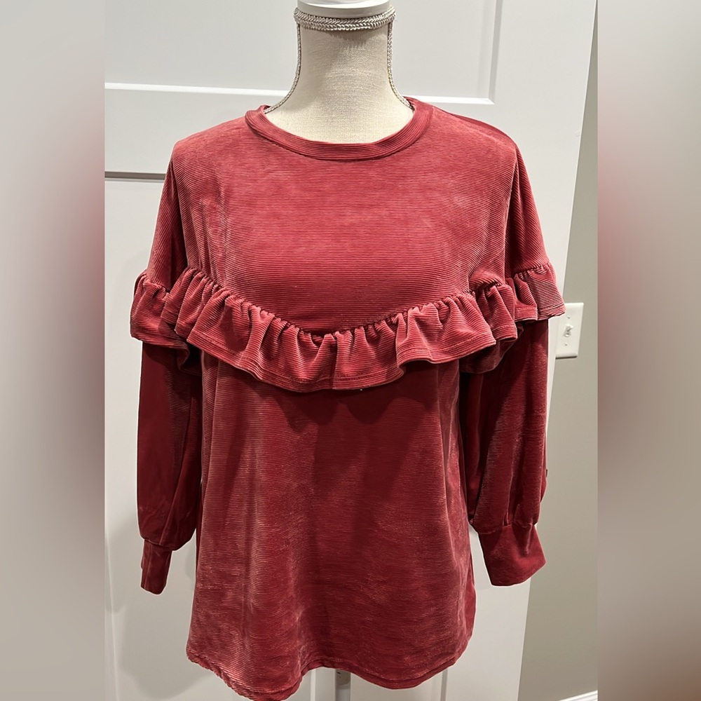 Elegant Velvet Ruffle Top in Deep Red